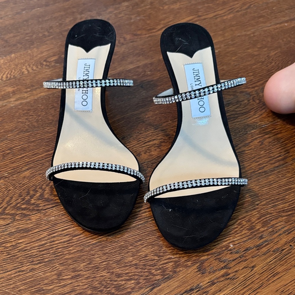 Jimmy Choo Black Heels with Silver Crystal rhinestone accent straps